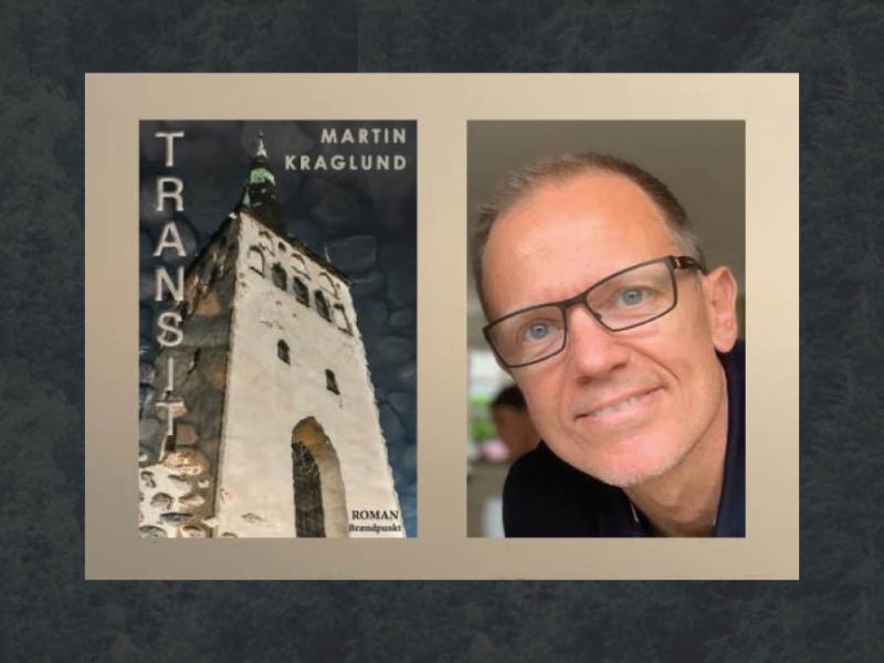Martin Kraglund og forsiden af Transit. Foto: Forlaget Brændpunkt